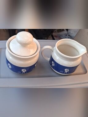 Morton Salt When It Rains It Pours 3 Piece White Ceramic Sugar Creamer Set Blue
